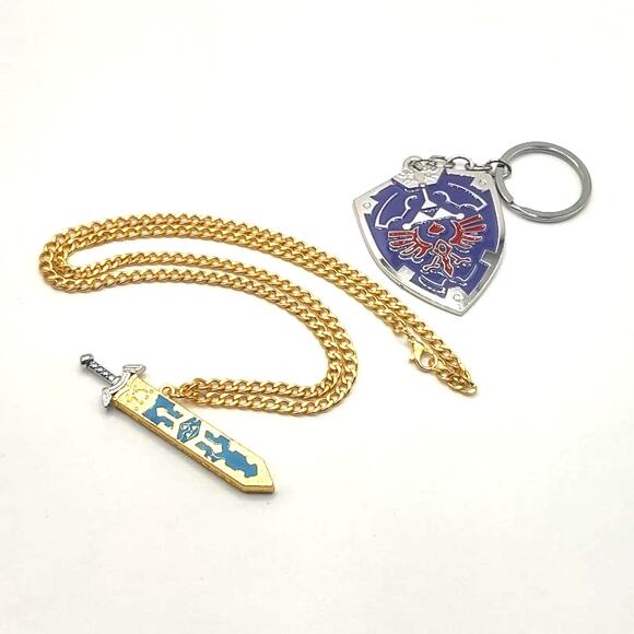 Stainless Legend of Zelda Master Sword & Shield Necklace Keychain Gift Set - NEW - Picture 1 of 8